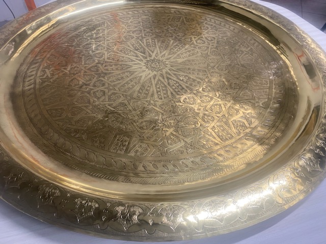 Ornate polished brass tray — OUJDA LUSTRE work